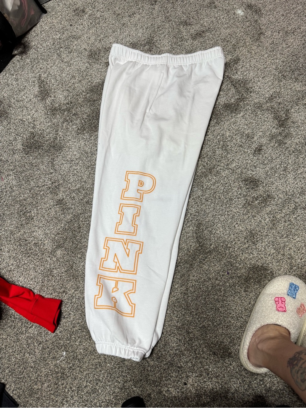 PINK Victoria's Secret White Sweatpants with Yellow Outline Logo